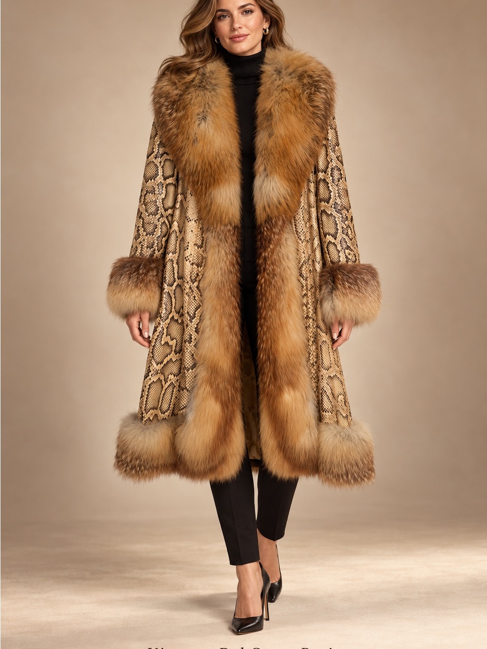 Del Costa Paris Tan Snakeskin Python Coat with Golden Brown Fur Trim